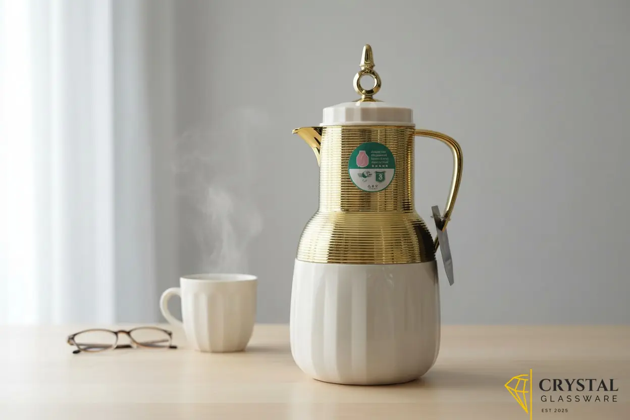 Vacuum flask featuring a gold-toned ribbed upper body and a white base with a decorative crown lid